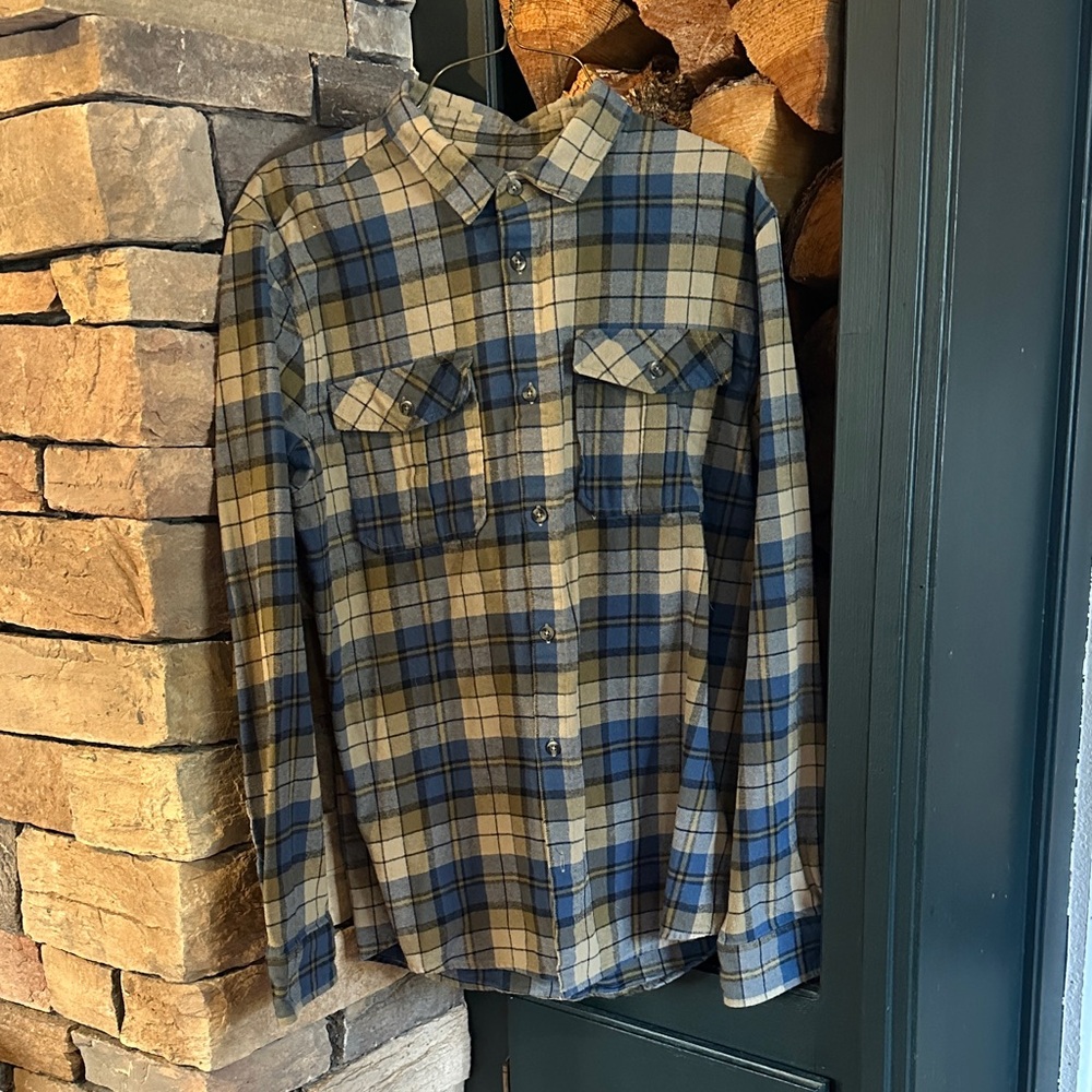 Casual Blue and Tan Plaid Men's Shirt